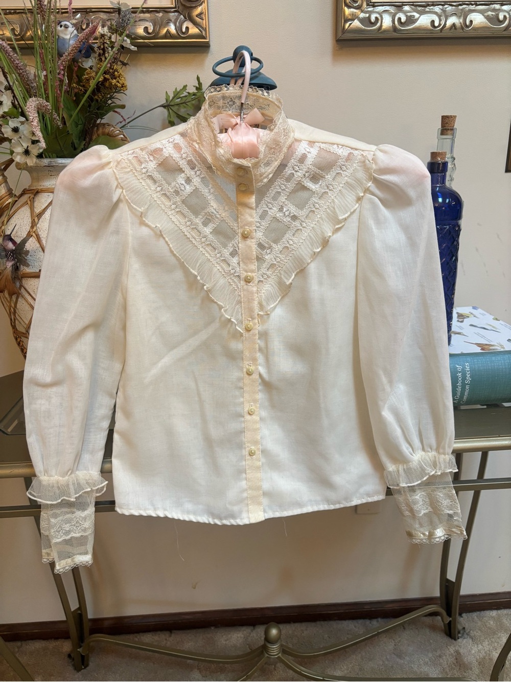 Gunne Sax by Jessica Girls Cream Lace-Trim Ruffle Puff Sleeve Blouse Size 7